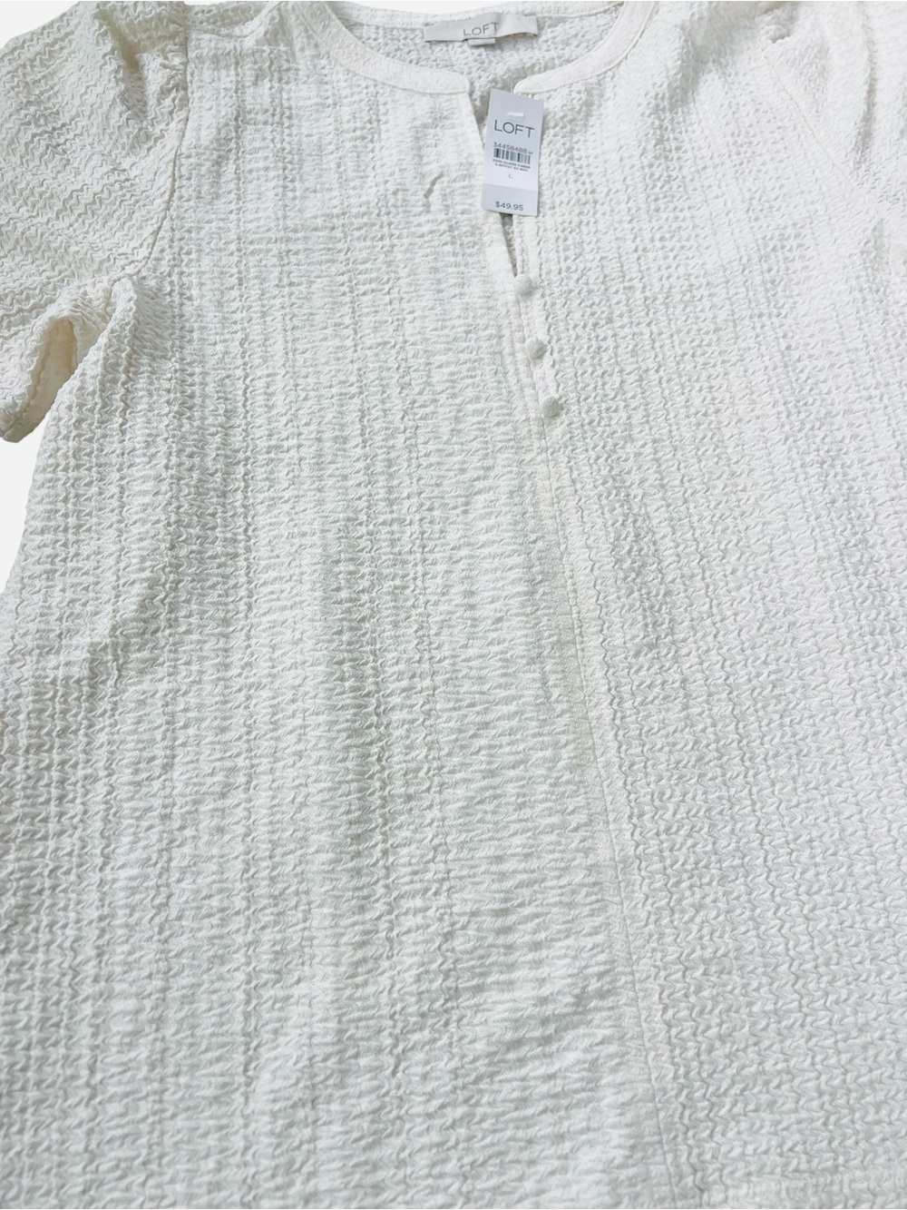 LOFT White Textured Short Sleeve Blouse with Button Placket - Picture 3 of 4